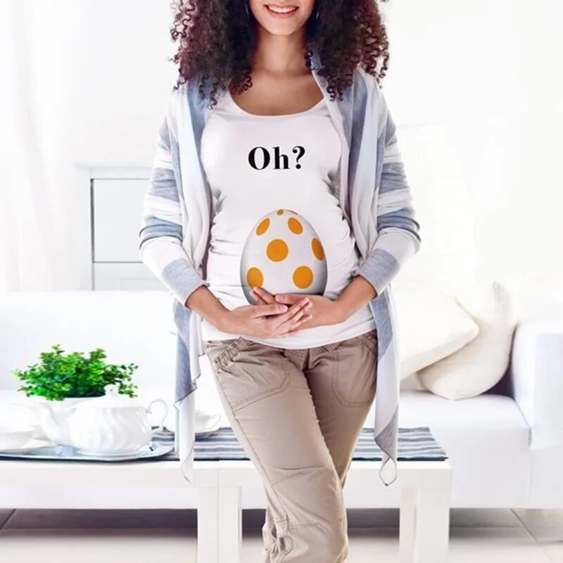 Grūtnieču apģērbs Radošs dinozauru olu apdrukas T krekls grūtniecēm, topi ar apaļu kakla izgriezumu Poliestera grūtniecības krekls P0411