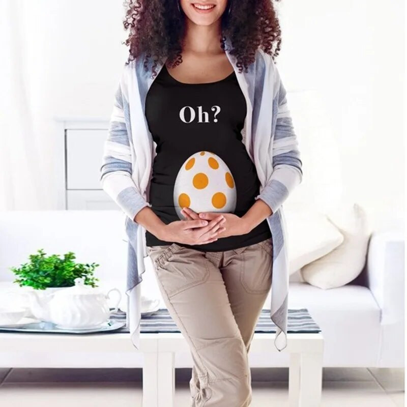 Grūtnieču apģērbs Radošs dinozauru olu apdrukas T krekls grūtniecēm, topi ar apaļu kakla izgriezumu Poliestera grūtniecības krekls P0411