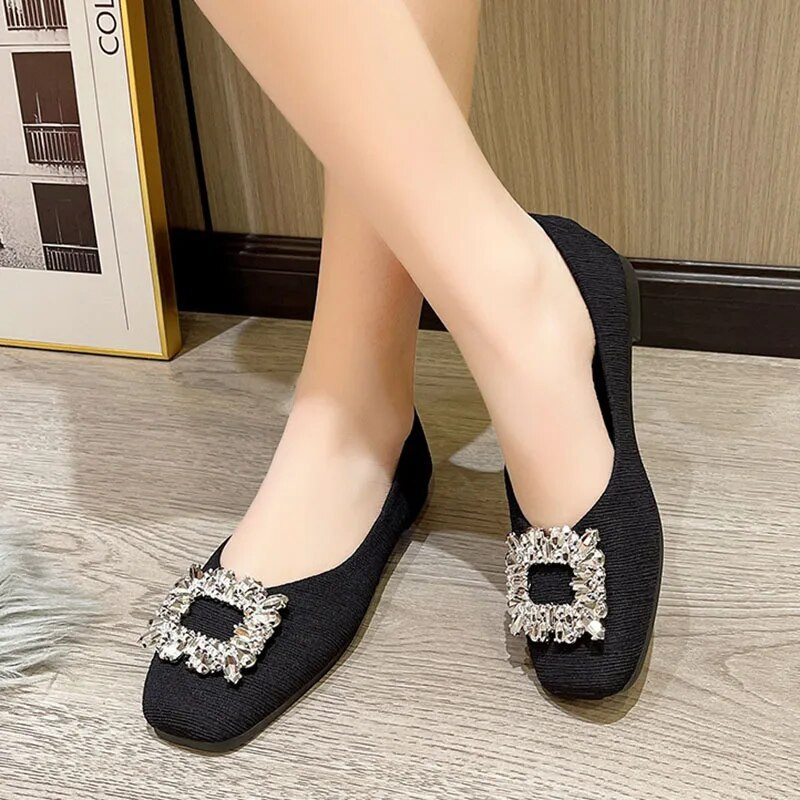 Plus Size 35-43 Γυναικεία Flats Square Toe Boat Shoes Rhinestone Slip on Flat Shoes Woman Loafers Μαύρο Zapatos Mujer Spring 1234N
