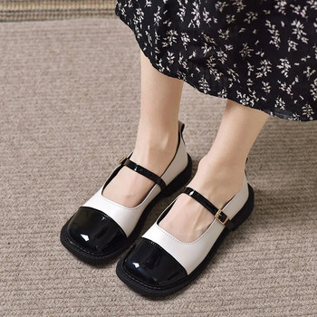 Нови дамски равни обувки с квадратни пръсти Mary Janes Обувки за момичета, лачени обувки, черни пръсти, разноцветни каишки с катарама Ежедневни обувки 1438N