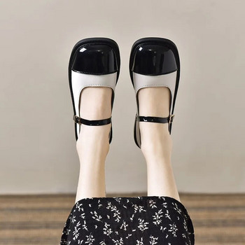 Νέα γυναικεία φλατ τετράγωνα παπούτσια Mary Janes Παπούτσια λουστρίνι για κορίτσια Μαύρα δάχτυλα Μικτή αγκράφα με λουράκι casual παπούτσια 1438N