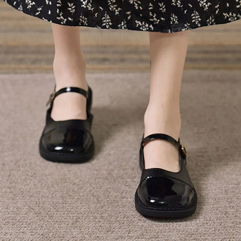 Νέα γυναικεία φλατ τετράγωνα παπούτσια Mary Janes Παπούτσια λουστρίνι για κορίτσια Μαύρα δάχτυλα Μικτή αγκράφα με λουράκι casual παπούτσια 1438N