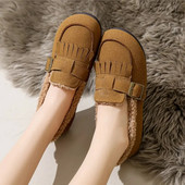 Nove ženske ravne cipele od umjetne antilop kože od pliša, zimske cipele s resama Mokasine s janjećom dlakom Ravne cipele s crnim remenom Topli Zapatos Mujer 1570N