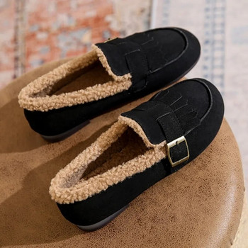Νέα γυναικεία φλατ Faux Suede βελούδινα χειμερινά παπούτσια Loafers με κρόσσια Lambhair Slip on Flat παπούτσια Μαύρη ζώνη Ζεστή Zapatos Mujer 1570N