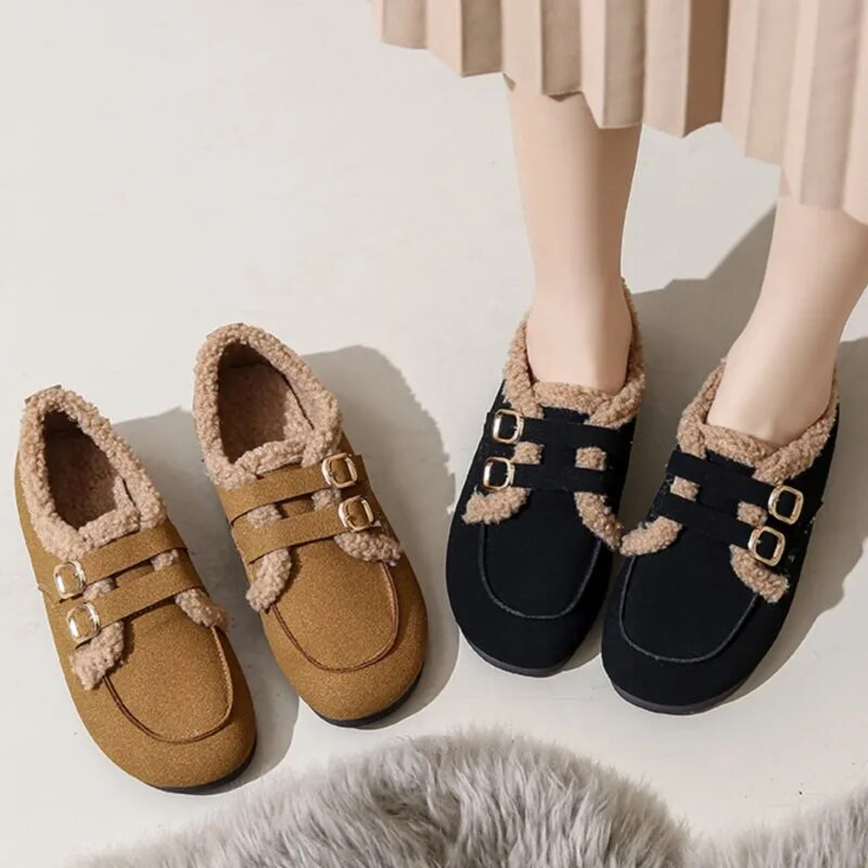 Jauni ziemas sieviešu apavi Plīša sniega apavi sievietēm Dzīvokļi Mākslīgās zamšādas dubultās sprādzes siltie apavi melni jēra spalva Zapatos Mujer 1568N