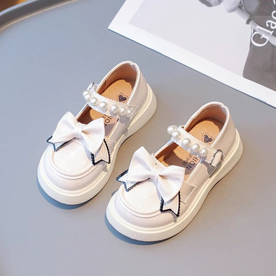 Bērnu seklas ādas apavi meitenēm, bantīte 2023. gada pērles, mīļi, spīdīgi daudzpusīgi, mīksti, elpojoši, vienkārši neslīdoši princeses loaferi