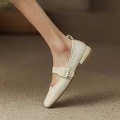 2023 tavaszi női cipők Mary Jane fehér alacsony sarkú ruha cipő csatos sekély elegáns női cipő négyzet orrú csónakcipő 1059N