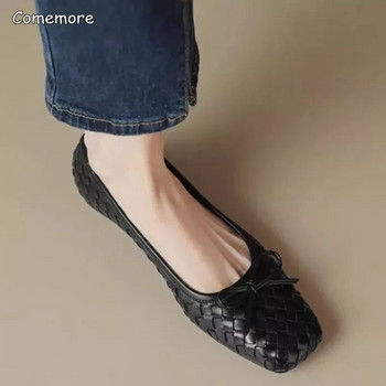 Comemore Designer Summer Shallow Bow Ballet Flat Boat Shoes 2023 New Casual Dress Walking Shoe Loafers Flats Women Weave Sandals