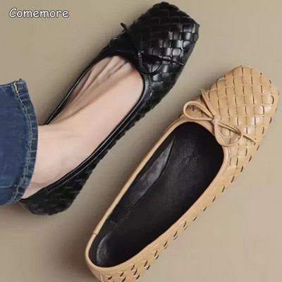 Comemore Designer Summer Shallow Bow Ballet Flat Boat Shoes 2023 New Casual Dress Walking Shoe Loafers Flats Women Weave Sandals