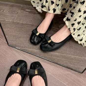 Plus μέγεθος Νέα γυναικεία μπαλαράκια μαλακά δερμάτινα παπούτσια για βάρκα Φιόγκος σε ίσια παπούτσια Woman Loafers Μαύρο Zapatos Mujer Φθινόπωρο 1458N