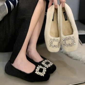 Нови зимни дамски балетни обувки с лодка от агнешка вълна за жени Топли обувки с памучна подплата от изкуствен велур и кристали 1646C