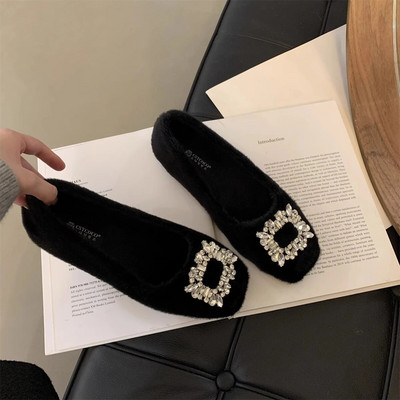 Jauni ziemas sieviešu baleta apavi, jēra vilnas laivu apavi sievietēm, mākslīgās zamšādas apavi ar Rhinestone, silti, kokvilnas polsterēti apavi 1646C