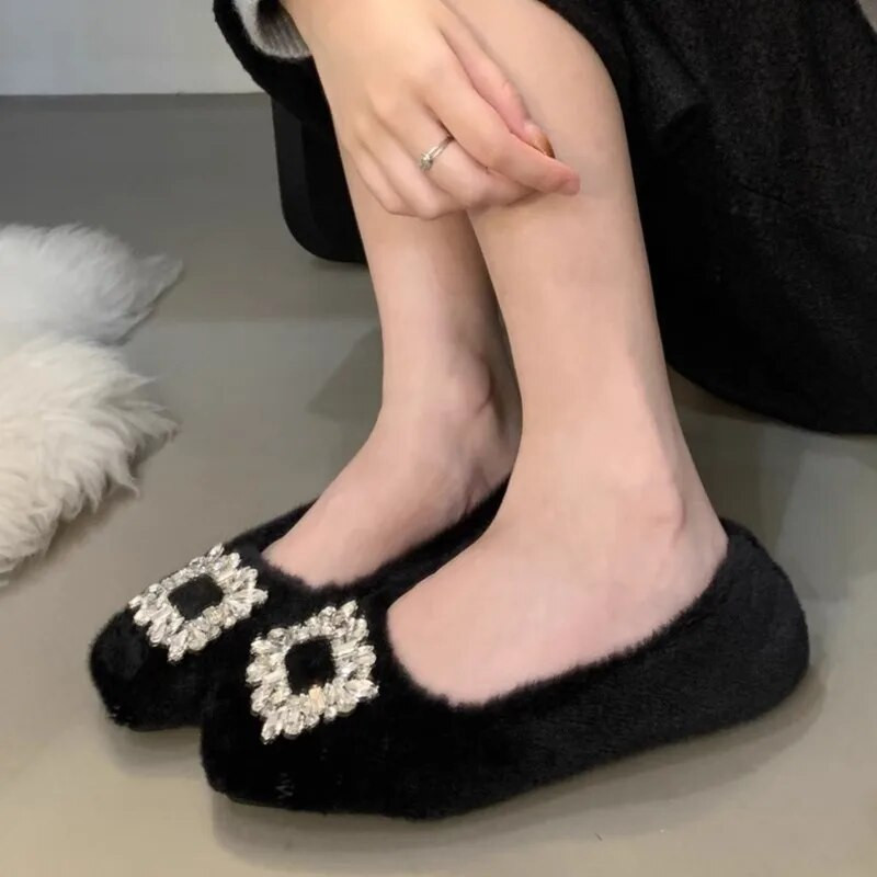 Jauni ziemas sieviešu baleta apavi, jēra vilnas laivu apavi sievietēm, mākslīgās zamšādas apavi ar Rhinestone, silti, kokvilnas polsterēti apavi 1646C