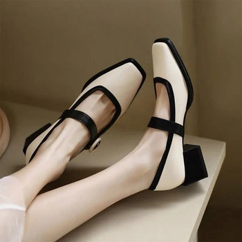 Нови дамски обувки Mary Jane Пачуърк помпи Обувки с квадратни пръсти на средни токчета Елегантни дамски обувки Дизайнерски кръгли катарами