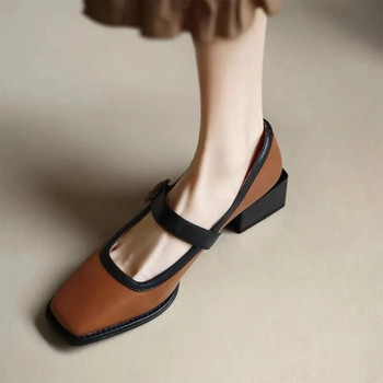 Нови дамски обувки Mary Jane Пачуърк помпи Обувки с квадратни пръсти на средни токчета Елегантни дамски обувки Дизайнерски кръгли катарами