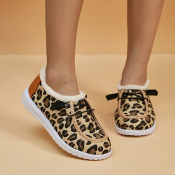 2024 Winter Warm Plush Vulcanize Sneakers Γούνα Mocassin Loafers Leopard print Γυναικείες άνετες φλάντζες Slip on Chaussure Femme