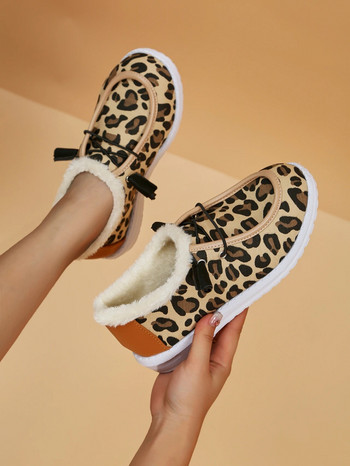 2024 Зимни топли плюшени вулканизирани маратонки Мокасини с кожа Мокасини Обувки с леопардов принт Дамски удобни обувки с равни обувки Slip on Chaussure Femme