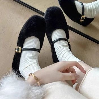 Τρίχρωμα χειμωνιάτικα παπούτσια Γυναικεία μάλλινα ζεστά παπούτσια μπαλέτου Mary Janes Παπούτσια λευκής γούνας για βάρκα Μαύρα ρηχά παπούτσι από βαμβάκι 1645N