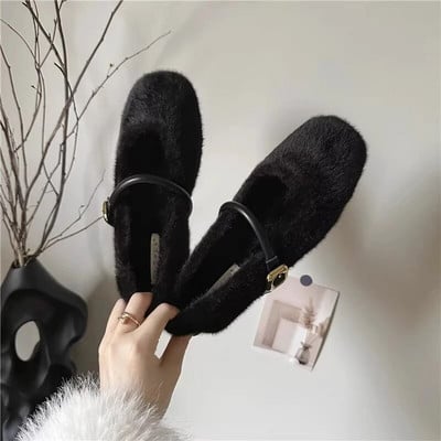 Zimske cipele u 3 boje Ženske vunene tople balerinke Cipele Mary Janes Bijele krznene cipele za čamac Crne plitke cipele s podstavom od pamuka 1645N