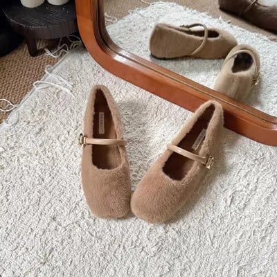 Zimske cipele u 3 boje Ženske vunene tople balerinke Cipele Mary Janes Bijele krznene cipele za čamac Crne plitke cipele s podstavom od pamuka 1645N