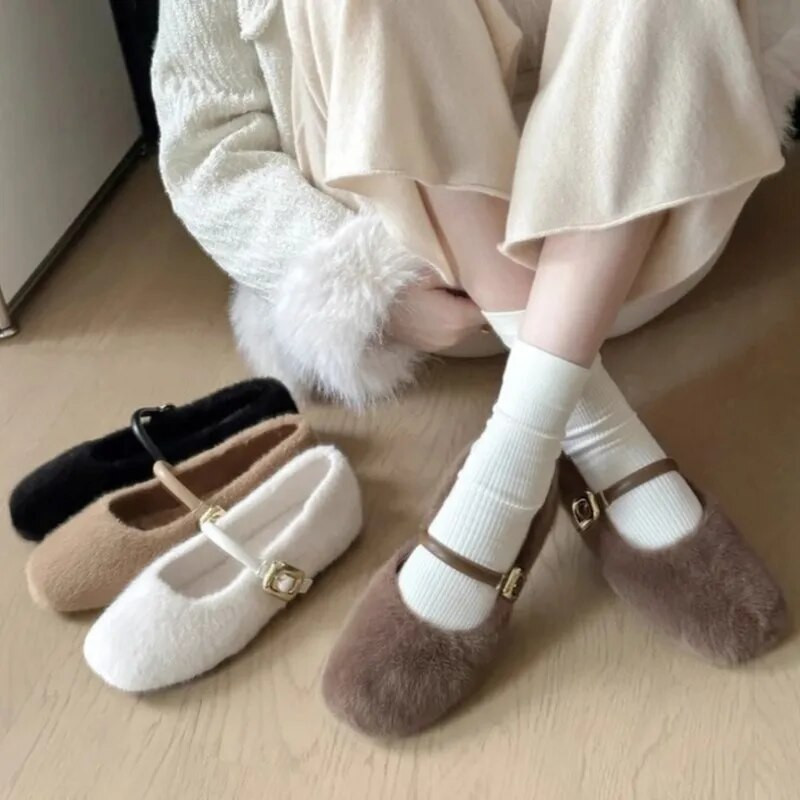Zimske cipele u 3 boje Ženske vunene tople balerinke Cipele Mary Janes Bijele krznene cipele za čamac Crne plitke cipele s podstavom od pamuka 1645N