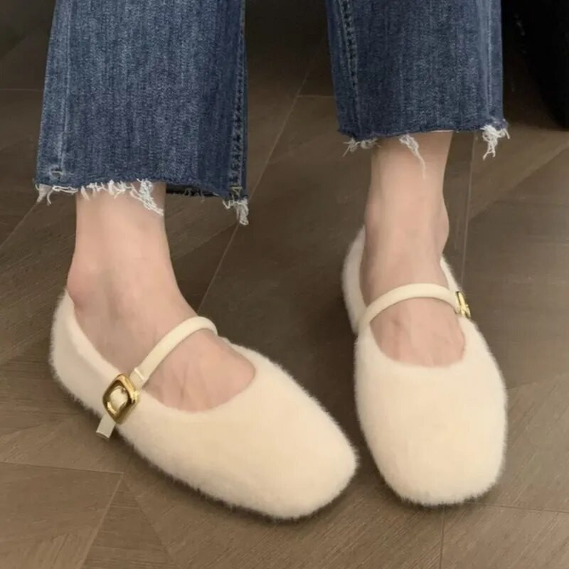 Zimske cipele u 3 boje Ženske vunene tople balerinke Cipele Mary Janes Bijele krznene cipele za čamac Crne plitke cipele s podstavom od pamuka 1645N