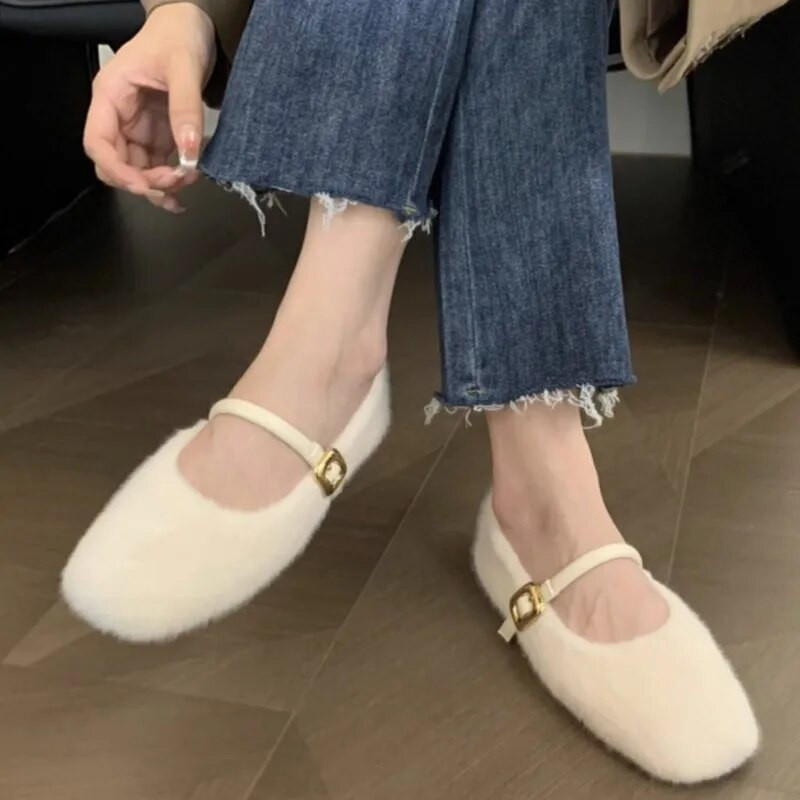 Zimske cipele u 3 boje Ženske vunene tople balerinke Cipele Mary Janes Bijele krznene cipele za čamac Crne plitke cipele s podstavom od pamuka 1645N