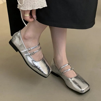 Пролет Есен Дамски балетни обувки с двойна катарама Кожени обувки с квадратни пръсти Обувки с ниски токчета Дамски обувки с равни обувки Zapatos Mujer 1567N
