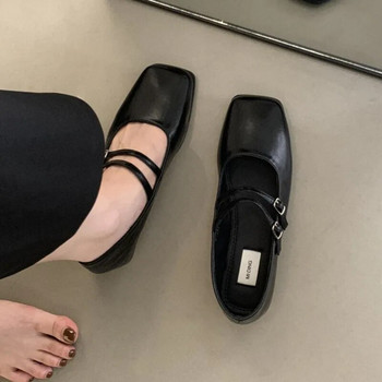 Пролет Есен Дамски балетни обувки с двойна катарама Кожени обувки с квадратни пръсти Обувки с ниски токчета Дамски обувки с равни обувки Zapatos Mujer 1567N