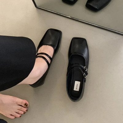 Pavasara Rudens Sieviešu Baleta Dzīvokļi Divkāršs Sprādze Ādas Kurpes Kvadrātveida purngals Zemi Papēži Kleita Apavi Sieviešu Plaka Zapatos Mujer 1567N