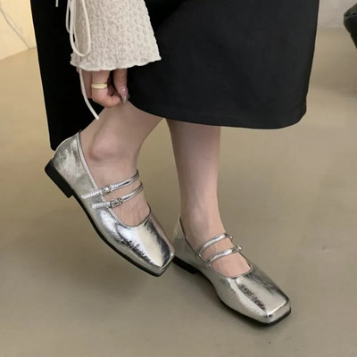 Pavasara Rudens Sieviešu Baleta Dzīvokļi Divkāršs Sprādze Ādas Kurpes Kvadrātveida purngals Zemi Papēži Kleita Apavi Sieviešu Plaka Zapatos Mujer 1567N