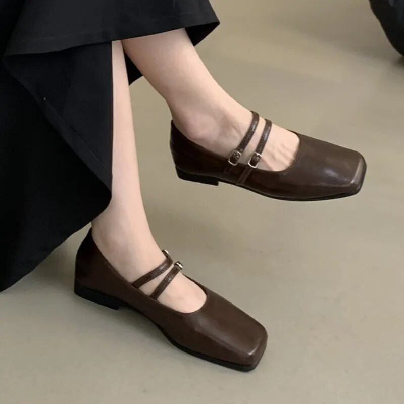 Pavasara Rudens Sieviešu Baleta Dzīvokļi Divkāršs Sprādze Ādas Kurpes Kvadrātveida purngals Zemi Papēži Kleita Apavi Sieviešu Plaka Zapatos Mujer 1567N