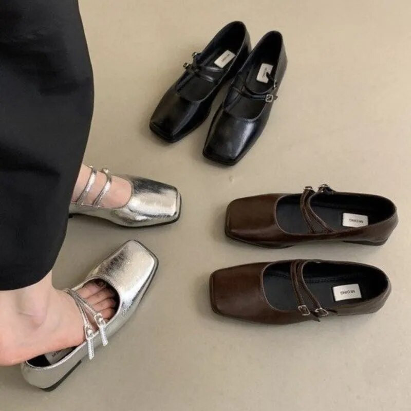 Pavasara Rudens Sieviešu Baleta Dzīvokļi Divkāršs Sprādze Ādas Kurpes Kvadrātveida purngals Zemi Papēži Kleita Apavi Sieviešu Plaka Zapatos Mujer 1567N