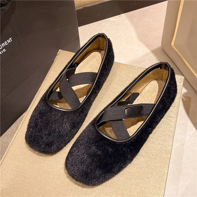 Új téli női cipők keresztbe kötött, rugalmas szalag Ballet Flats Báránygyapjú csónakcipő Szőrme, lapos cipő, pamut párnázott 1647N