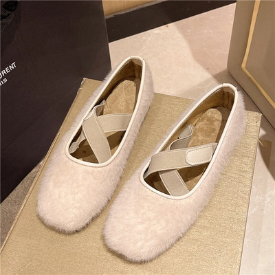 Új téli női cipők keresztbe kötött, rugalmas szalag Ballet Flats Báránygyapjú csónakcipő Szőrme, lapos cipő, pamut párnázott 1647N