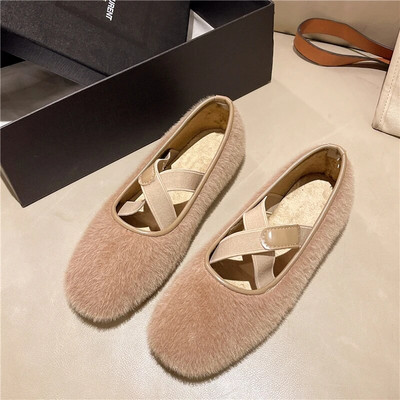 Új téli női cipők keresztbe kötött, rugalmas szalag Ballet Flats Báránygyapjú csónakcipő Szőrme, lapos cipő, pamut párnázott 1647N