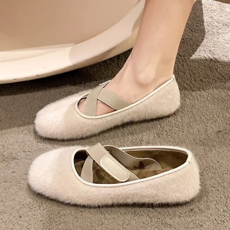 Új téli női cipők keresztbe kötött, rugalmas szalag Ballet Flats Báránygyapjú csónakcipő Szőrme, lapos cipő, pamut párnázott 1647N