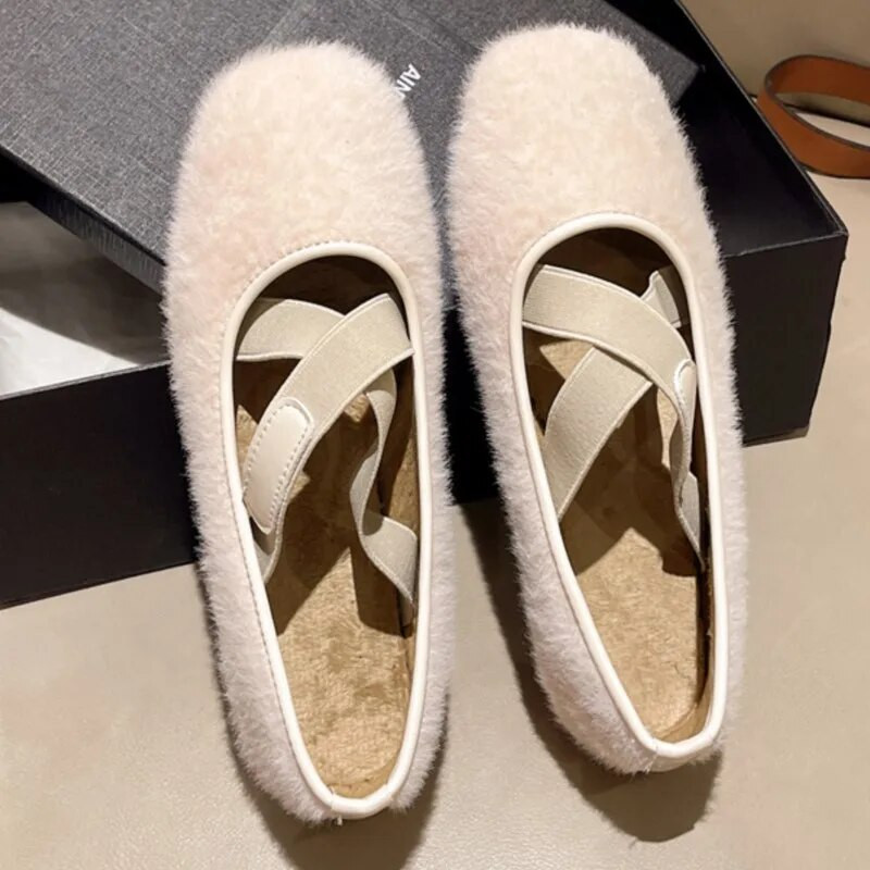 Új téli női cipők keresztbe kötött, rugalmas szalag Ballet Flats Báránygyapjú csónakcipő Szőrme, lapos cipő, pamut párnázott 1647N