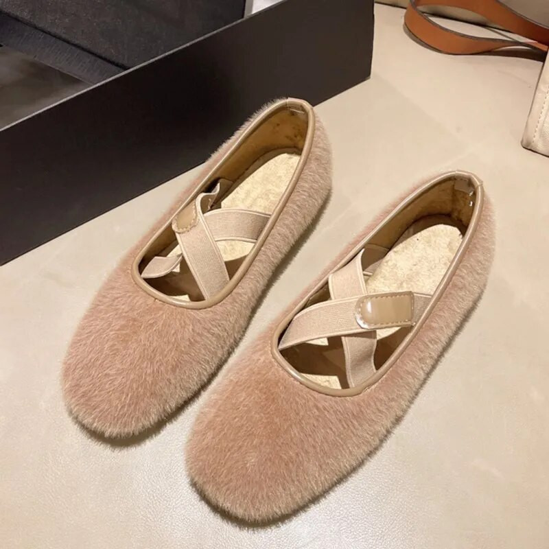Új téli női cipők keresztbe kötött, rugalmas szalag Ballet Flats Báránygyapjú csónakcipő Szőrme, lapos cipő, pamut párnázott 1647N