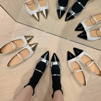 Нови дамски плоски обувки с черни пръсти пачуърк Обувки Mary Janes с остър връх Черни кожени обувки за жени Златни обувки тип лодка Есен 1516N