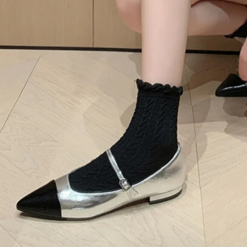 Нови дамски плоски обувки с черни пръсти пачуърк Обувки Mary Janes с остър връх Черни кожени обувки за жени Златни обувки тип лодка Есен 1516N