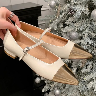 Nove ženske ravne cipele s crnim prstima patchwork Mary Janes cipele sa šiljastim vrhovima od crne kožne cipele za žene zlatne cipele za čamac jesen 1516N