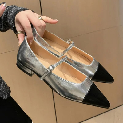 Nove ženske ravne cipele s crnim prstima patchwork Mary Janes cipele sa šiljastim vrhovima od crne kožne cipele za žene zlatne cipele za čamac jesen 1516N