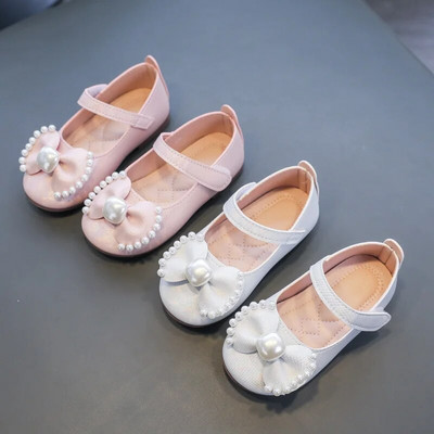 Bowknot Girl`s Little Leather Shoes Ежедневни прости перли 2023 Нови есенни мокасини обувки Мека подметка Бебешки корейски стил Hook & Loop