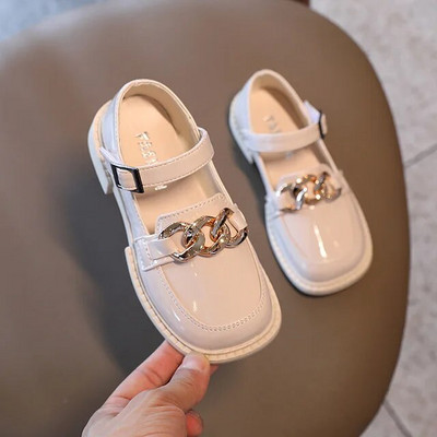Metāla ķēde meitenēm, ādas apavi 2023. gada rudens, jauni bērnu dzīvokļi Modes britu stila studentu apavi elpojoši, karsti 23-36 šiki