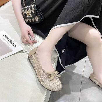 Нови дамски плоски обувки Балетни плоски модни лък Дамски плоски обувки Сладки кухи летни дамски обувки Дамски обувки с кръгли пръсти