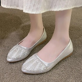 Plus veličina 41 Ženske balerinke Bling balerinke sa šiljatim prstima Slip on Pearl Ravne cipele Ženske zlatno srebrne vjenčane cipele 1565N