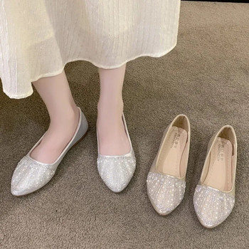 Плюс размер 41 Дамски балетни обувки Bling лодка Обувки с остри пръсти Перлени плоски обувки Дамски златисто сребърни сватбени обувки 1565N