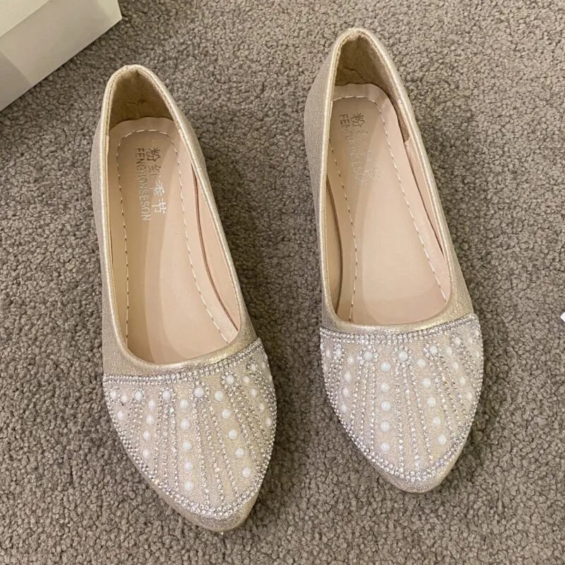Plus veličina 41 Ženske balerinke Bling balerinke sa šiljatim prstima Slip on Pearl Ravne cipele Ženske zlatno srebrne vjenčane cipele 1565N