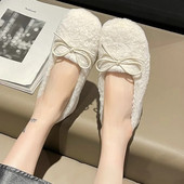 Jauni ziemas laivu apavi sievietēm Vilnas baleta plakanie, balti, ērti sieviešu apavi Bowtie plīša, silti, kokvilnas polsterēti 1649N